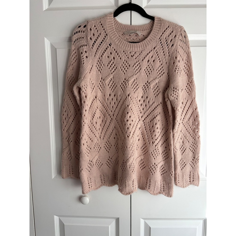 LOFT Pink Rose Pointelle Cable Open Knit Sweater Wool Blend Crew Neck Large